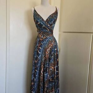Casonna Snake Print Wrap Maxi Dress in Blues/Brns Rayon woven, pockets, EUC, S